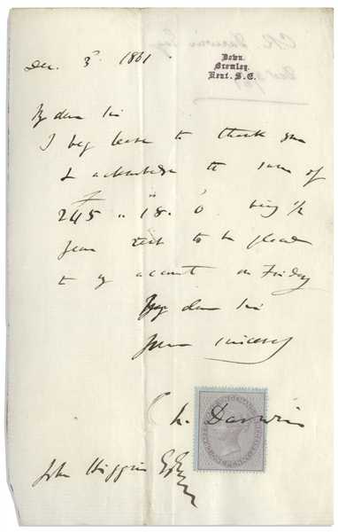 Charles Darwin Autograph Letter Signed From 1861, Shortly After ''On the Origin of Species'' Was Published